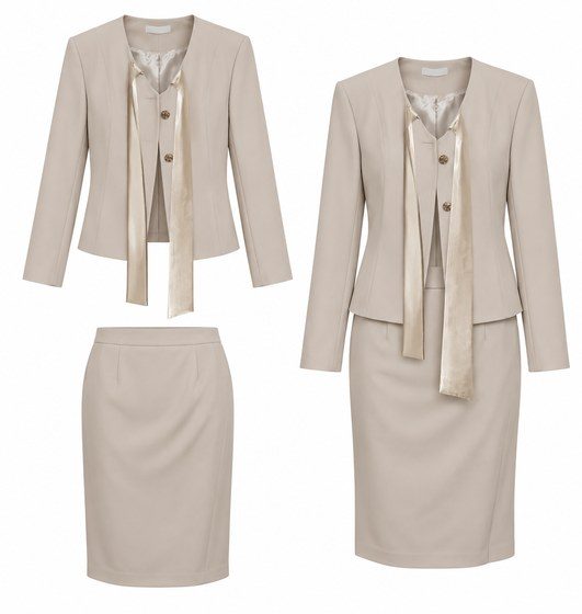 The Understatement — Taupe blazer, pussy-bow + skirt · suit